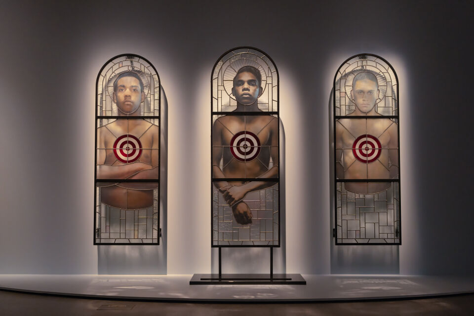Artwork: Tony Albert, Brothers (The Invisible Prodigal Son), L-R #2, #1, #3, 2020.  Courtesy the artist, Gary Sands (#1) and Sullivan + Strumpf Gallery, Sydney (#2, #3). Image, courtesy HOTA Gallery.
